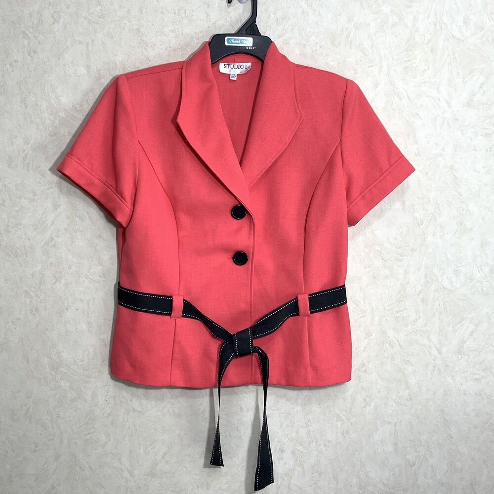 Studio I Blazer Top Womens Size 14 Coral Black Short Sleeve Belted Shoulder Pads